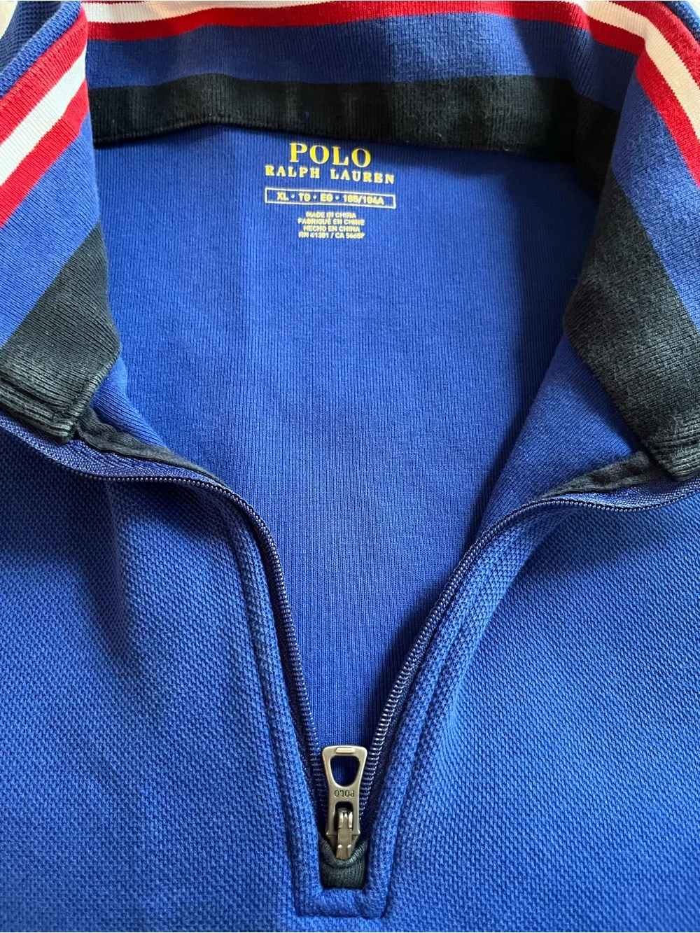 Polo by Ralph Lauren Blue Quarter-Zip Sweatshirt with Red-Trim Collar. 27” l,
